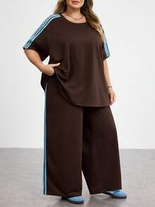 SHEIN CURVE+ Plus Size Women Light Blue Round Neck Short Sleeve T-Shirt And Pants Casual 2 Pieces Set Vacation Summer - Brown - View 5