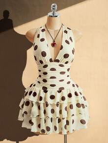 SHEIN ICON 大码女式深V领露背系带波点褶皱休闲派对连衣裙 - 黃色 - 查看 3