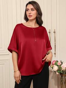 Miaspire Áo thun nữ cỡ lớn, màu trơn, cổ tròn, kiểu dáng thanh lịch, thích hợp cho mùa xuân/hè. - Đỏ - Xem 2