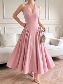 Joudiya Vestido midi elegante sin mangas y con espalda descubierta, adecuado para primavera/verano, fiestas, bodas, festivales de música, vacaciones casuales, ir al trabajo - Rosa - Ver 2