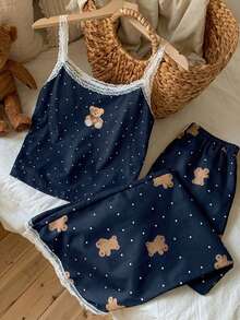 Comfortcana Plus Size 2pcs Set: Polka Dot Bear Print Camisole And Pants, Casual Loungewear For Spring/Summer - Navy Blue - View 3