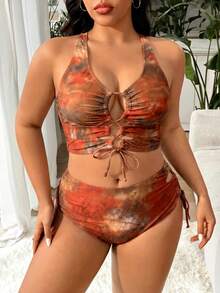 Conjunto de traje de baño de top de tankini acortado con pliegues y anudado con abertura y Bottom triangular para mujer de talla - Multicolor - Ver 4