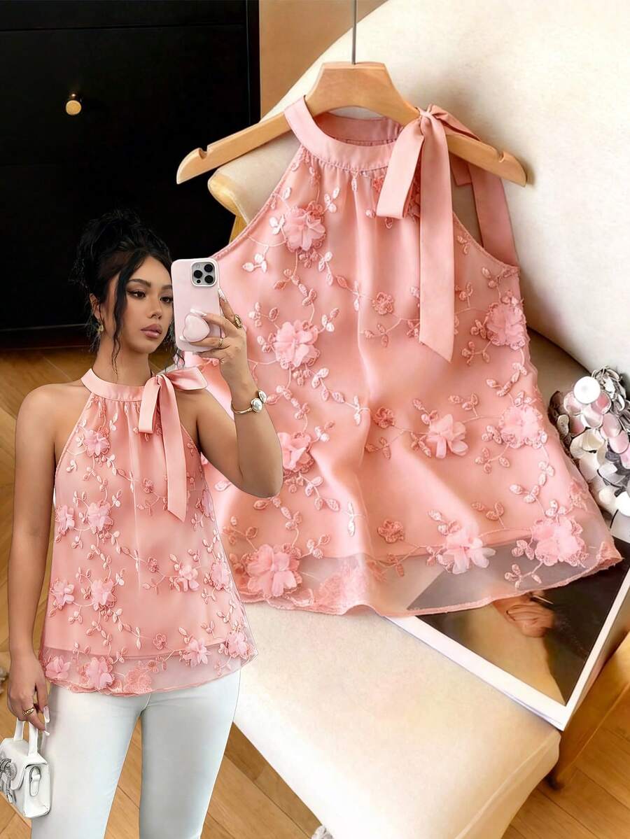SHEIN Elenzya 女士粉色网纱刺绣法式拼接3D立体花卉无袖吊带蝴蝶结A字衬衫,优雅高端精致小众夏季上衣 - 粉色 - 查看 1