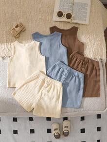 SHEIN Vintaside Kids 6件組 嬰幼兒男童夏季套裝 無袖背心上衣 & 短褲 純棉針織 寬鬆版型 米色 休閒 親子度假穿搭服 - 彩色 - 查看 2