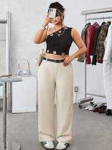 SHEIN EZwear 加大码纯色斜插口袋休闲基础款西装裤，杏色，高腰夏季裤装 - 杏色 - 查看 6