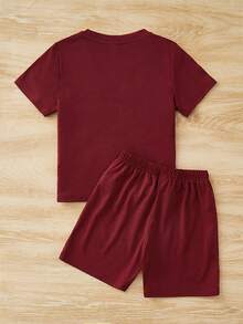 SHEIN Toddler Boys Colourblock Letter Graphic Tee & Shorts - Burgundy - View 3