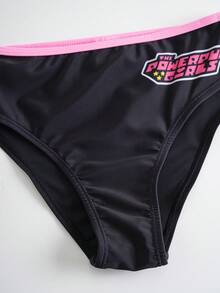 THE POWERPUFF GIRLS X SHEIN Bộ đồ bơi in hình hoạt hình dành cho bé gái tuổi teen - màu đen - Xem 5