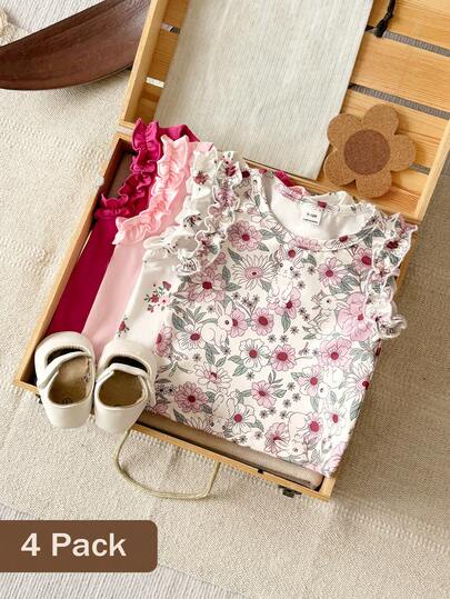 SHEIN Vintaside Kids Baby Sleeveless T-Shirt With Ruffle Sleeve, 4 Colors Available, Solid Color & Cute Print, Comfortable Summer Top For Infants