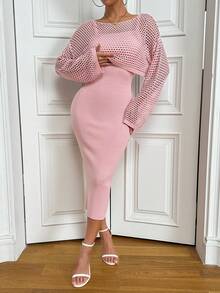 SHEIN Women's Solid Color Hollow Out Drop Shoulder Long Sleeve Sweater And Knit Slip Dress 2-Piece Set - Pink - View 4