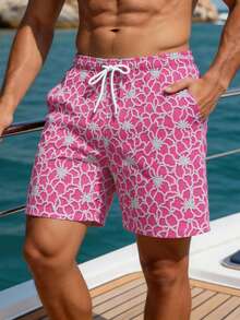 Manfinity Swimmode Celana Pendek Pria Warna Pink untuk Liburan Musim Panas Gaya Boho di Pantai dengan Motif Bunga dan Tali Serut, Set Pakaian Renang Pasangan, Baju Renang Liburan Tropis Hawaii - MultiWarna - View 4