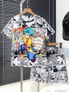 SHEIN Leap Crew 2 pièces ensemble t-shirt à manches courtes et shorts décontractés pour garçons pré-adolescents, style punk rock élégant pour le port quotidien, les fêtes, les festivals de musique, convient pour les sports, la saison de printemps/été, imprimé de dessin animé - Noir - Voir 4