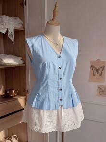 Comfortcana Plus Size Women's Casual Vacation Style Light Blue 100% Cotton Shirt, Comfortable Summer Vacation Vest-Style Shirt With V-Neck And Button Closure - Baby Blue - View 5