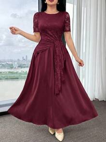 Modelyn 女士纯色荷叶边蕾丝拼接圆领短袖连衣裙 - 酒紅色 - 查看 7