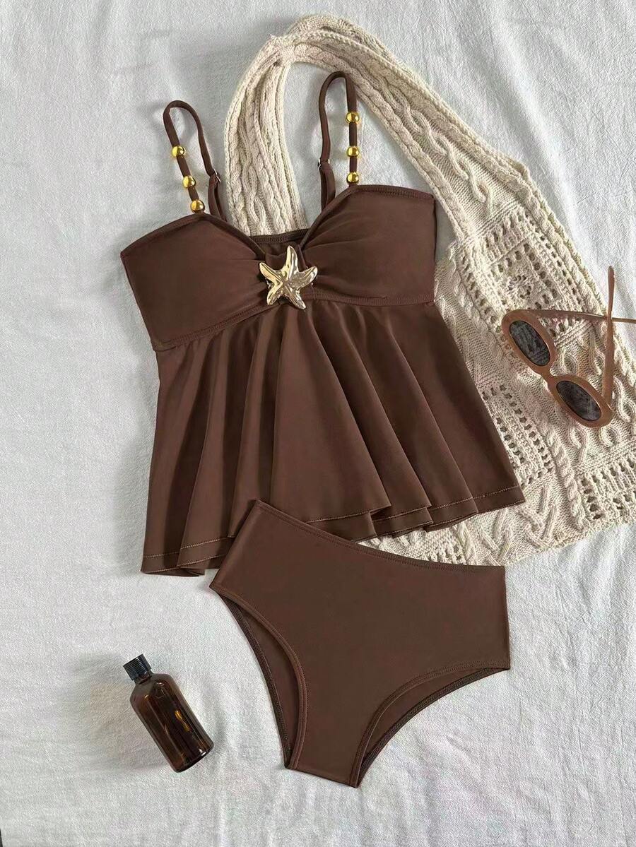 SHEIN Conjunto de bikini de niña preadolescente con cuello de halter de ganchillo marrón y volantes - Marrón - Ver 1