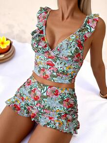Swim Lushoire 女款夏季度假海灘套裝，花卉隨機印花深V領荷葉邊肩帶設計上衣與短裙褲 2 件式比基尼泳衣套裝 - 彩色 - 查看 3