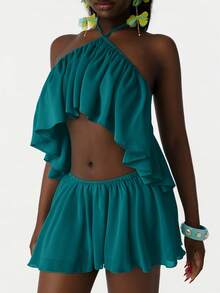 Amplova Bộ đồ hai mảnh bằng vải chiffon dành cho nữ: Áo quây hở lưng với vạt áo bất đối xứng và bèo nhún hai lớp, kết hợp với chân váy ngắn, gợi cảm và phá cách, thích hợp cho kỳ nghỉ. - Màu xanh lá cây đậm - Xem 4