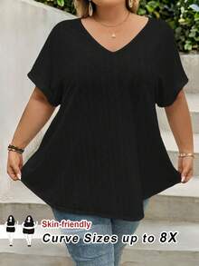 SHEIN CURVE+ Áo thun ngắn tay màu trắng dáng rộng phong cách Boho dành cho phụ nữ cỡ lớn, thích hợp mặc đi nghỉ mát nhân Ngày của Mẹ. - màu đen - Xem 1