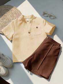 SHEIN LMoss Kids 2pcs Kids Boys Casual V-Neck Short Sleeve Shirt And Shorts Set - Multicolor - View 2