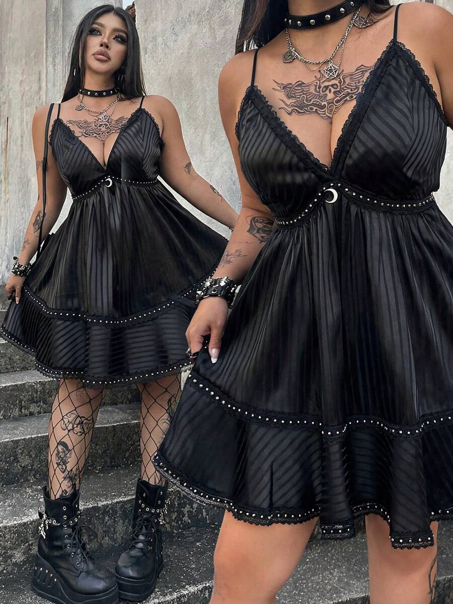 Whyspr Đầm slip cổ chữ V xếp nếp dành cho nữ cỡ lớn, phong cách Gothic Punk, thích hợp cho lễ hội âm nhạc. - màu đen - Xem 1