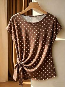 SHEIN Franclia Áo kiểu nữ thời trang, thanh lịch, in họa tiết, cổ tròn, bèo nhún, thắt nơ phía trước, hàng mới về, kiểu dáng thường ngày, phù hợp cho mùa xuân/hè. - màu nâu - Xem 1