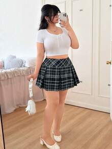 CovetEZ 大码夏季休闲格子百褶迷你裙 - 黑色 - 查看 3