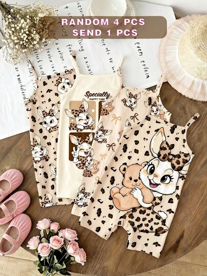 [RANDOM 4 PCS SEND 1 Pc] Baby Girls Khaki & Beige, Cute Vintage Leopard Bow Cartoon Rabbit, Cute Rabbit & Leopard Bow Graphic, Baby & Kids Graphic, Baby Girl Casual Suspender Romper Suitable For Spring/Summer, Cute Summer Outfits , Summer Kids Items, Summer Outing Items, Korean Style, Easy Comfort, Y2K, Kawaii, Party, Everyday, Vacation, Cute, Comfy, Cottagecore, Weekend Casual, Family Outing, Photoshoot Outfits, Chill Chill