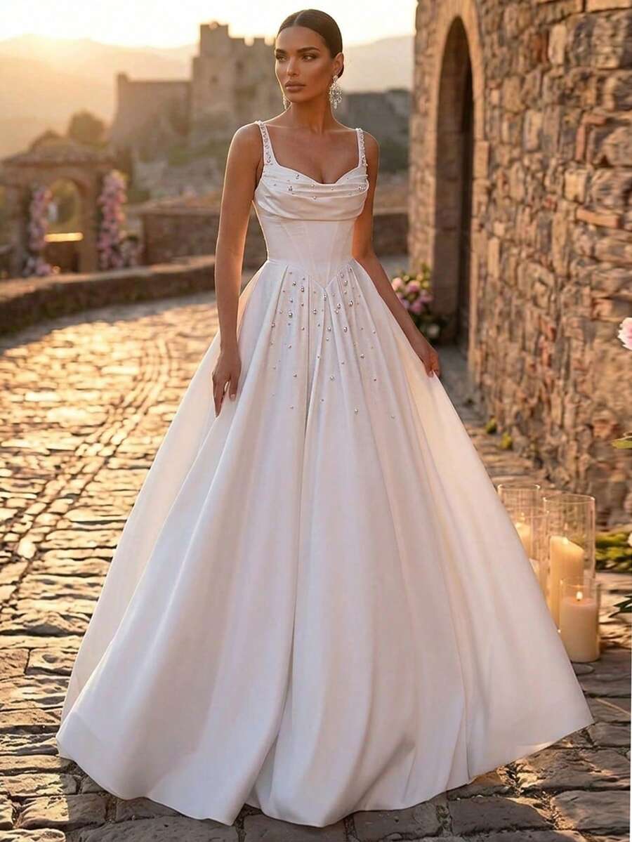 Glamrae Elegant Luxurious Satin Ruffle Collar Design Extra-Large Hem Suitable For Wedding, Singles Party, Vacation, Ball, Holiday, Honeymoon Bridal Gown - White - View 1