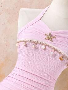 SHEIN Sparklyn Teen GirlPink Starfish Decor Halter Neck Dress - Pink - View 6
