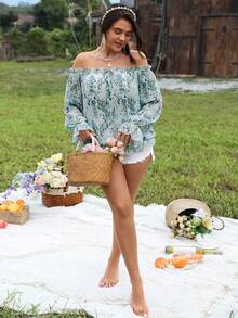 SHEIN LUNE 大码女式露肩碎花系腰灯笼袖派对/度假优雅长袖衬衫 - 藍白色 - 查看 6