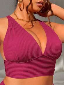 Swim Lushoire Plus Size Solid Color Swimwear Top - Red - View 6
