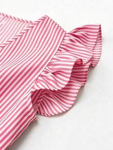 SHEIN PETITE 女款夏季度假條紋荷葉邊下擺洋裝，適合嬌小女性 - 粉色 - 查看 5