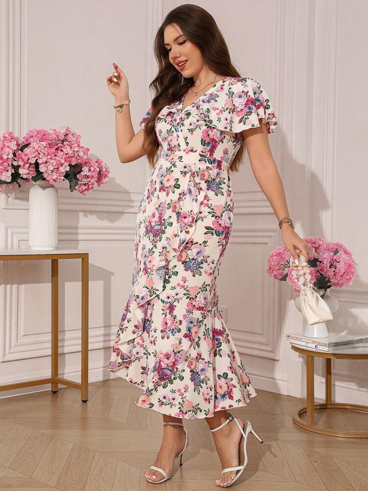 Plus Size Women Summer Casual Vacation Elegant Ruffle Floral Print Mid-Length Dress,Summer Outfits For Women ,Vacation Outfits Women ,Holiday Outfits For Women,Going Out Outfits, New Clothes,Simple And Fashionable For Everyday Wear,Suitable For Summer, Vacation, Daily Wear,Beach Outfits For Women,Western Style,Flowy Dress,Boho Dress,Casual Summer Dresses For Women,Ruffle Dress,Birthday Dress,Festival Outfits For Women,Junina Party Dress,Elegant Dresses For Party,Wedding Guest Dress ,Elegant Women's Ceremony Dress ,Elegant Dresses For Party,Formal Dresses,Work Outfits For Women,Office Outfits For Women