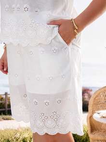 EMERY ROSE Plus-Size Women's Vacation-Style Openwork Embroidered Vest And Shorts Casual Two Pieces Set Vacation Outfits Women - White - View 5