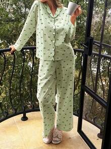 DAZY 2pcs Cute Bow & Cherry Print Contrast Color Embroidered Collar Women Pajama Set, Spring/Summer - Green - View 7