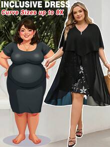 SHEIN CURVE+ Đầm giả hai mảnh cỡ lớn dành cho nữ, kiểu dáng thanh lịch, phù hợp để đi làm hoặc đi chơi. - Đen và trắng - Xem 2