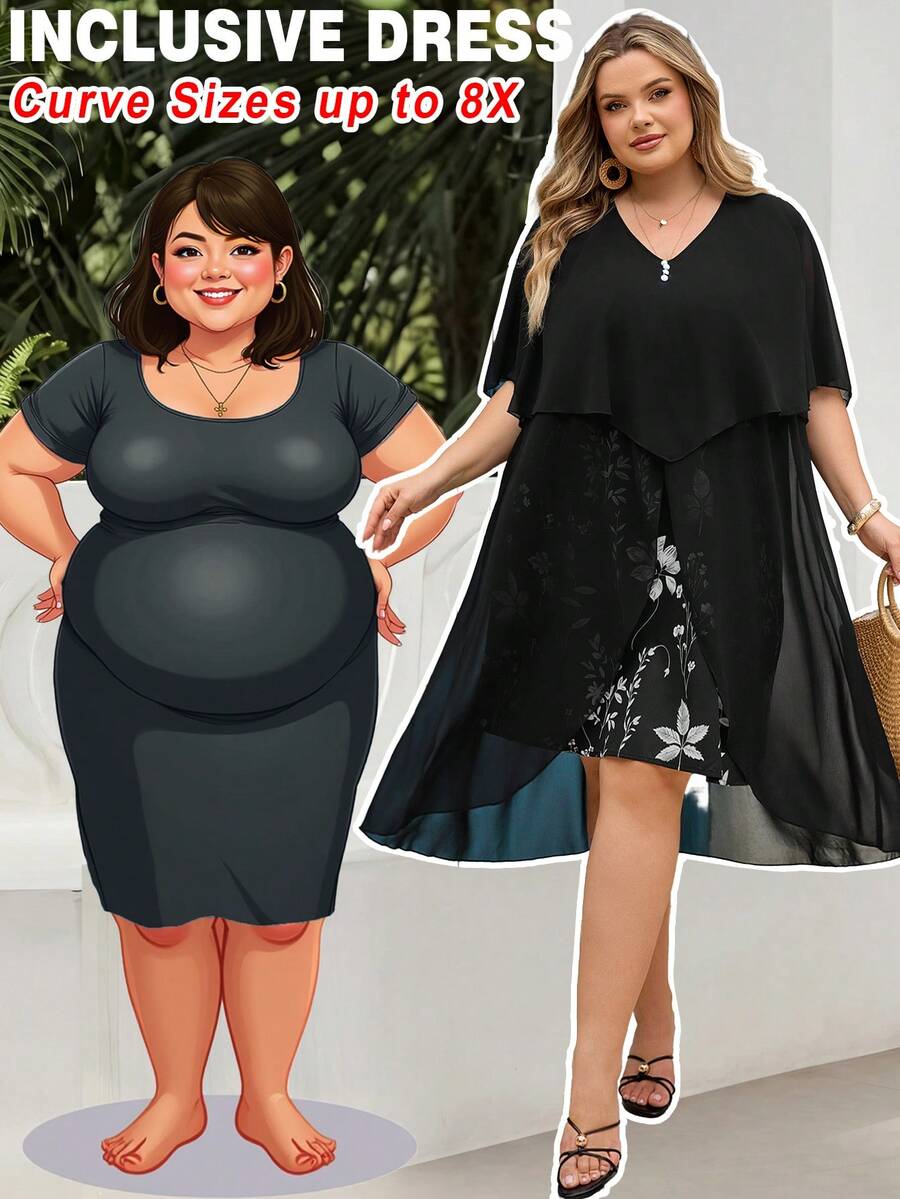 SHEIN CURVE+ Đầm giả hai mảnh cỡ lớn dành cho nữ, kiểu dáng thanh lịch, phù hợp để đi làm hoặc đi chơi.