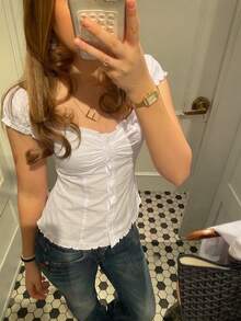 Glimmora Y2K Vintage Ruffle Puff Sleeve Blouse Women Casual Slim Fit Crop Top - White - View 5