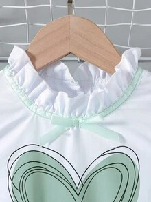 SHEIN Elladie kids Trang phục mùa hè cho bé gái, bộ áo liền quần thời trang sành điệu với họa tiết trái tim, áo tay ngắn và quần ống rộng cạp cao, trang phục thanh lịch cho các hoạt động hàng ngày, đi chơi, đi làm, du lịch và nghỉ lễ. - màu xanh lá - Xem 3