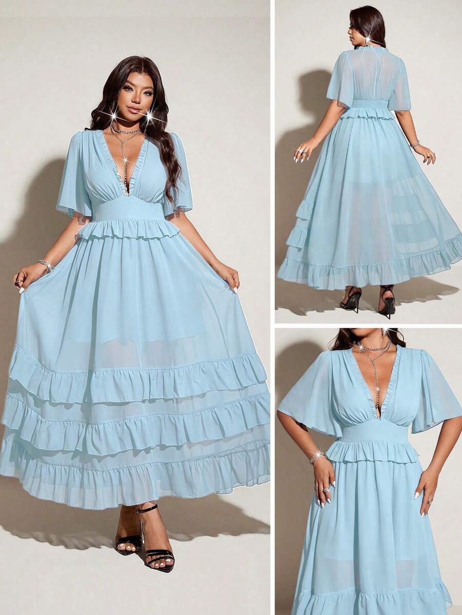 Viva Relle Spring, Summer, Fall New Vacation Elegant Chiffon Design V-Neck Ruffle Sleeve Irregular Hem Dress, Waist Cinched Flared Skirt Princess Sundress - Blue - View 1