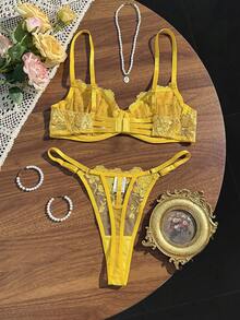 Eraneu 2pcs Mesh Embroidered Women's Lingerie Set - Yellow - View 7