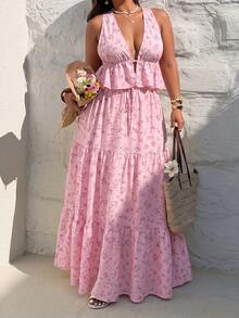 Sunnyshic Solid Color Sexy Minimalist Vacation Style Halter Neck Loose Long Skirt Elegant 2-Piece Set - Pink - View 1