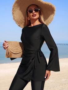 SHEIN Swim 女士新款保守泳装，纯色休闲布基尼套装，长袖上衣搭配高腰泳裤，修身显瘦，适合中东度假穿着 - 黑色 - 查看 3