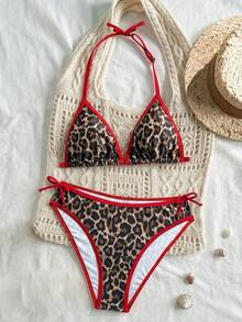 SHEIN Teen Girls Leopard Print Contrast Trim Halter Bikini 2-Piece Swimwear Set, Spring/Summer - Multicolor - View 8