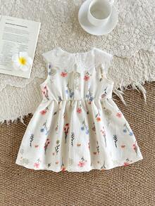 SHEIN Elladie kids 女婴甜美公主蕾丝边无袖连衣裙，粉色，夏季 - 白色 - 查看 2