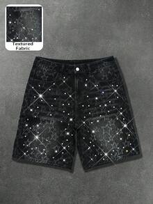 Manfinity EMRG Quần short denim đen mài bạc kiểu dáng đường phố Mỹ dành cho nam, họa tiết ngôi sao rách rưới và đính đá lấp lánh. - màu đen - Xem 1