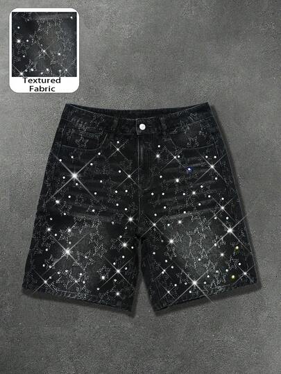 Manfinity EMRG Men's American Street Style Distressed Star Design Rhinestone Embellished Black Washed Denim Shorts