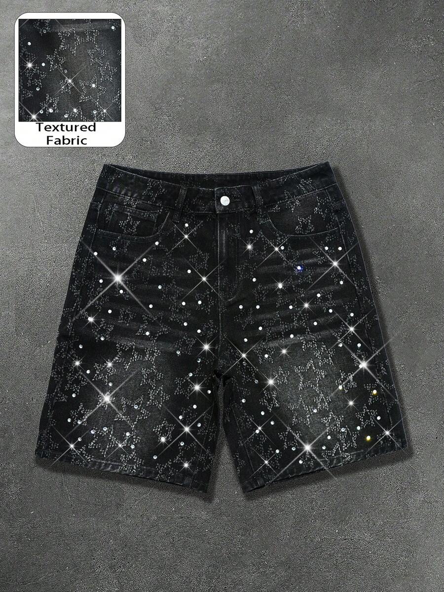 Manfinity EMRG Quần short denim đen mài bạc kiểu dáng đường phố Mỹ dành cho nam, họa tiết ngôi sao rách rưới và đính đá lấp lánh. - màu đen - Xem 1