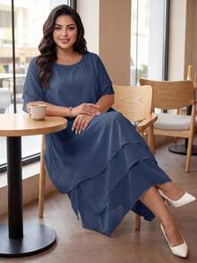 Auveirra Plus Size Casual Dress, White Round Neck Sleeveless Asymmetrical Flowing Hem Bohemian Dress, Suitable For Spring/Summer/Vacation Elegant - Dusty Blue - View 7