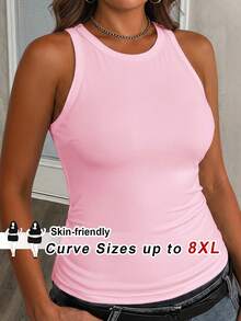 SHEIN CURVE+ 大码女式休闲基础款修身白色露肩背心，夏季舒适面料 - 粉色 - 查看 1