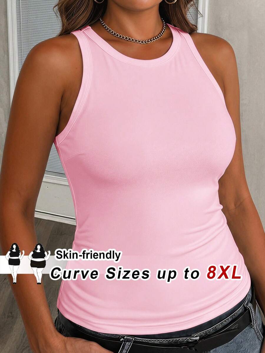 SHEIN CURVE+ 大码女式休闲基础款修身白色露肩背心,夏季舒适面料 - 粉色 - 查看 1